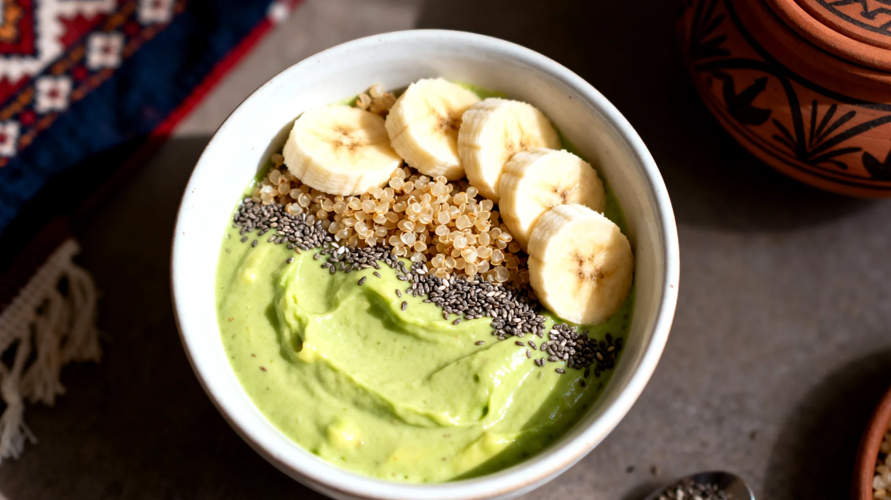 Kinoalı Avokado Smoothie Bowl (Kinoa, Avokado, Muz, Chia Tohumlu)"