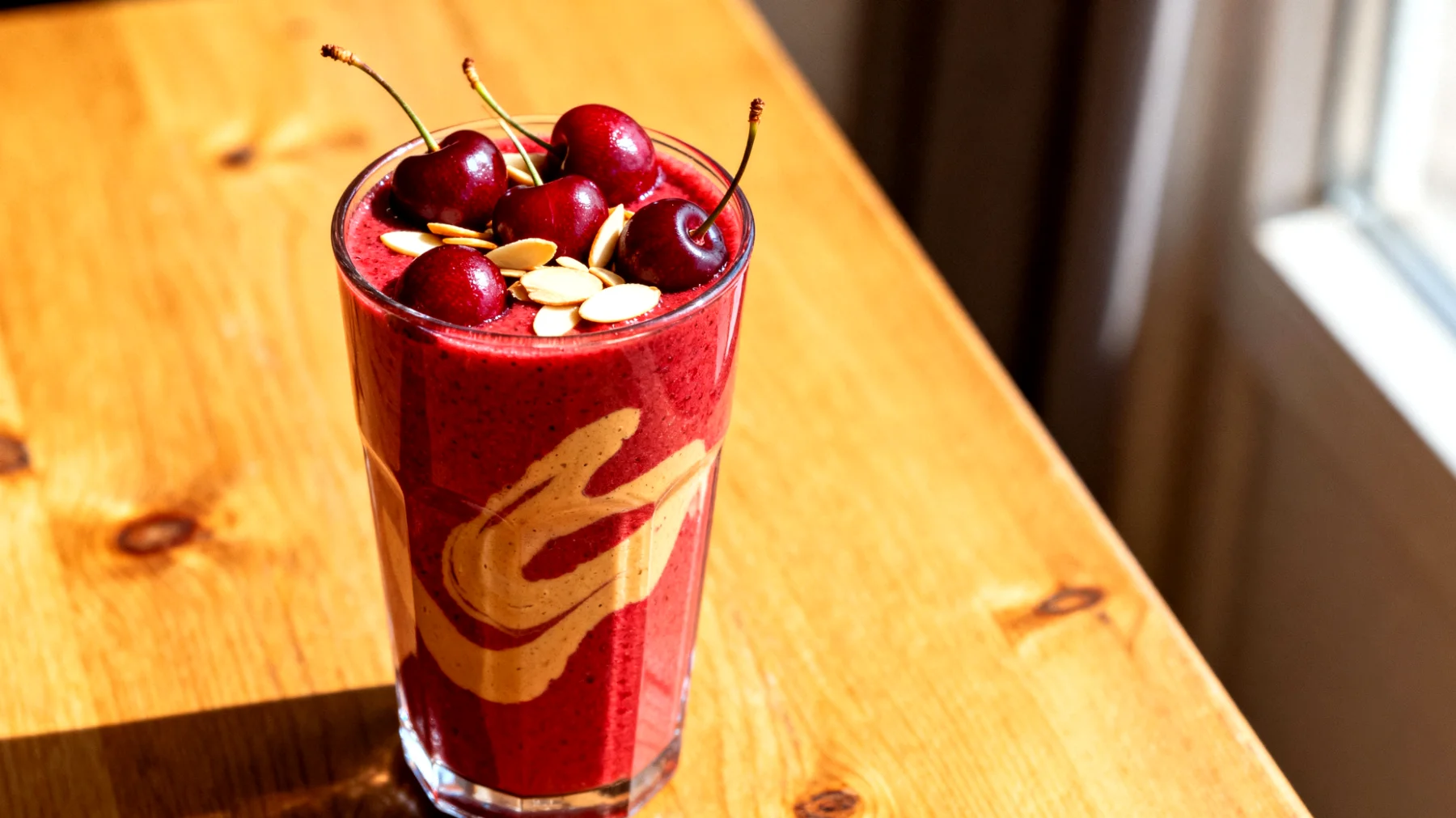 Tart kiraz suyu (vişne suyu) ve badem ezmesi smoothie"