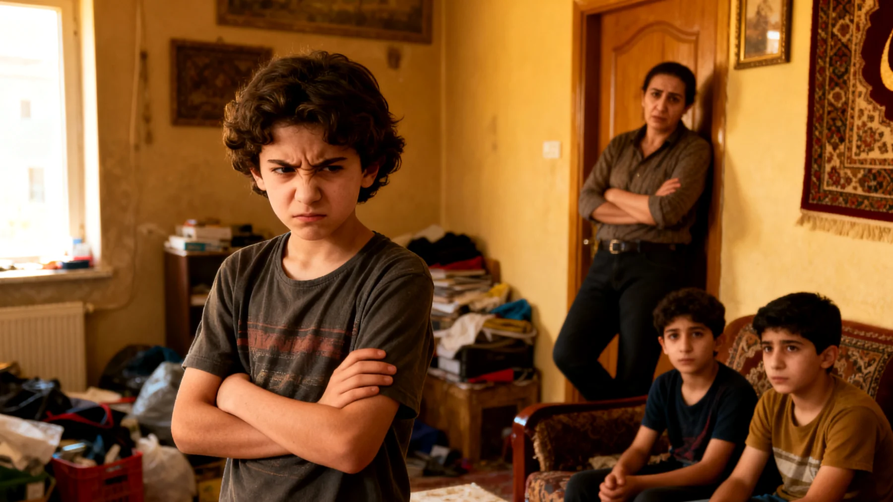 Ergen çocuk kardeşleriyle sürekli rekabet içinde ve ebeveynin ilgisini çekmek için kıskançlık gösteriyor, bu durum aile içinde gerginlik yaratıyor"