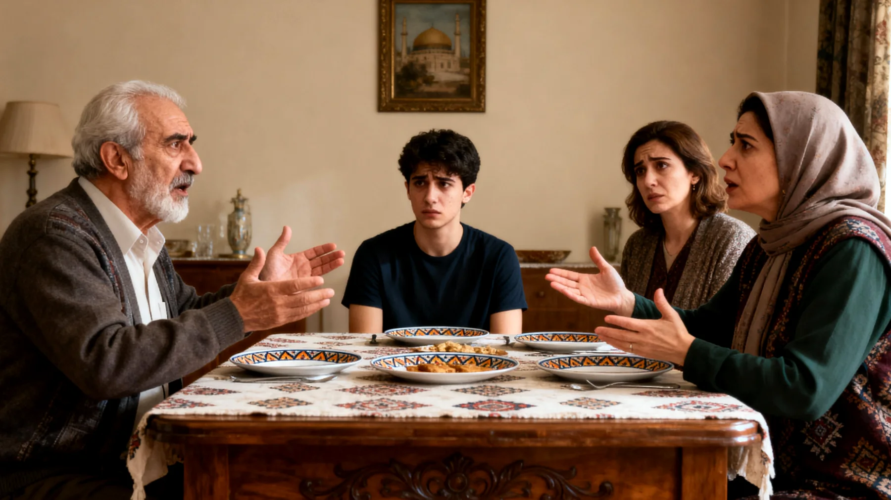 Büyükbaba, genç yetişkin torunuyla ilgili ebeveynlik tarzı ve yaşam seçimleri konusunda geniş aileyle (özellikle torunun ebeveynleriyle) sürekli anlaşmazlık yaşıyor. Aile toplantılarında torunun kariyeri, ilişkileri veya yaşam tarzı hakkında eleştiriler ve farklı görüşler ortaya çıkıyor, bu da torunun ortada kalmasına ve büyükbabayla arasında gerginlik oluşmasına neden oluyor."