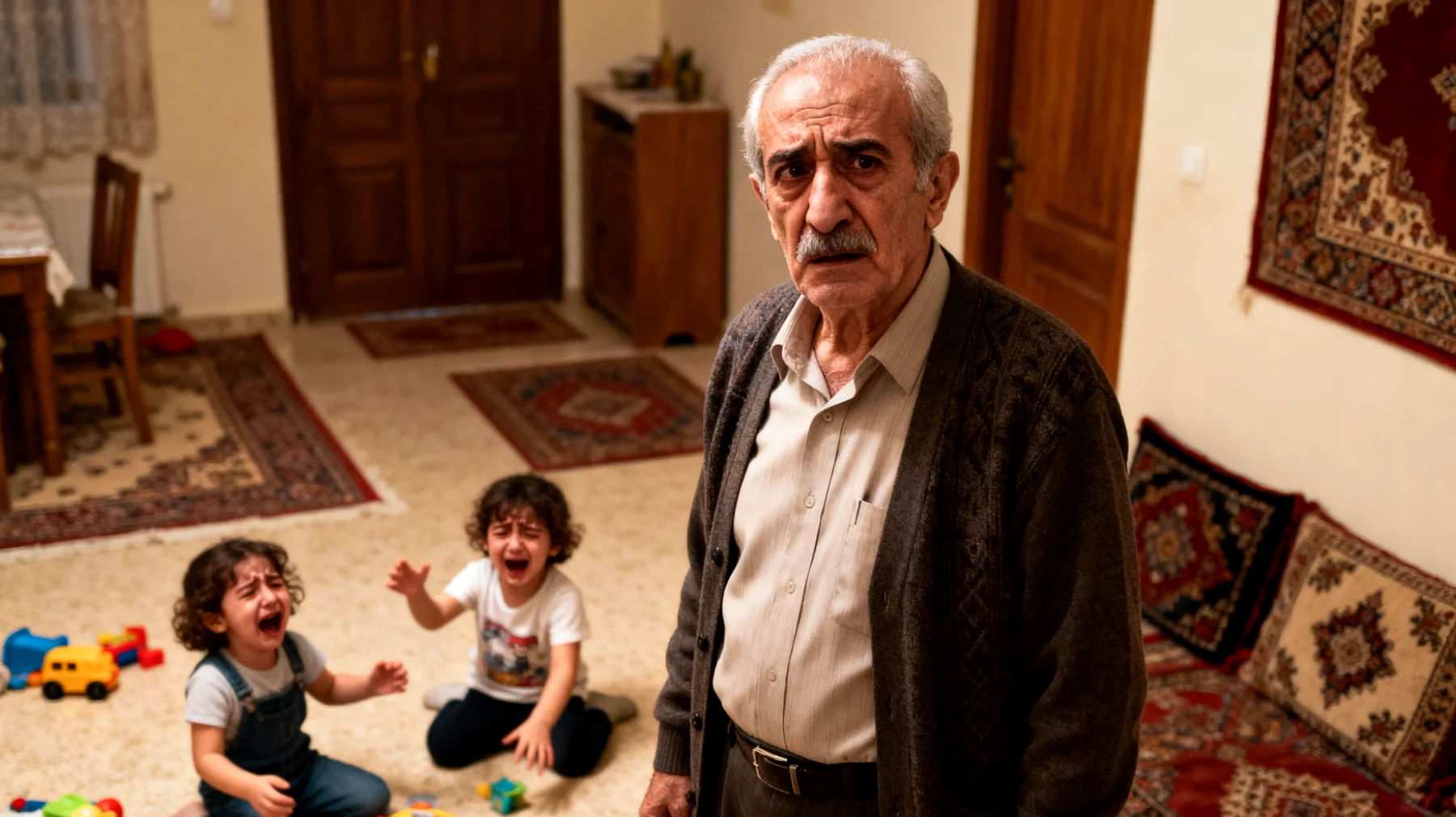 Büyükbaba, küçük torunlarının oyuncaklarını paylaşamadıklarında veya istediklerini hemen alamadıklarında yaşadıkları hayal kırıklığı patlamalarıyla başa çıkmakta zorlanıyor. Çocuklar ağlayıp bağırdığında ne yapacağını bilemiyor ve genellikle isteklerini yerine getirerek durumu çözmeye çalışıyor."