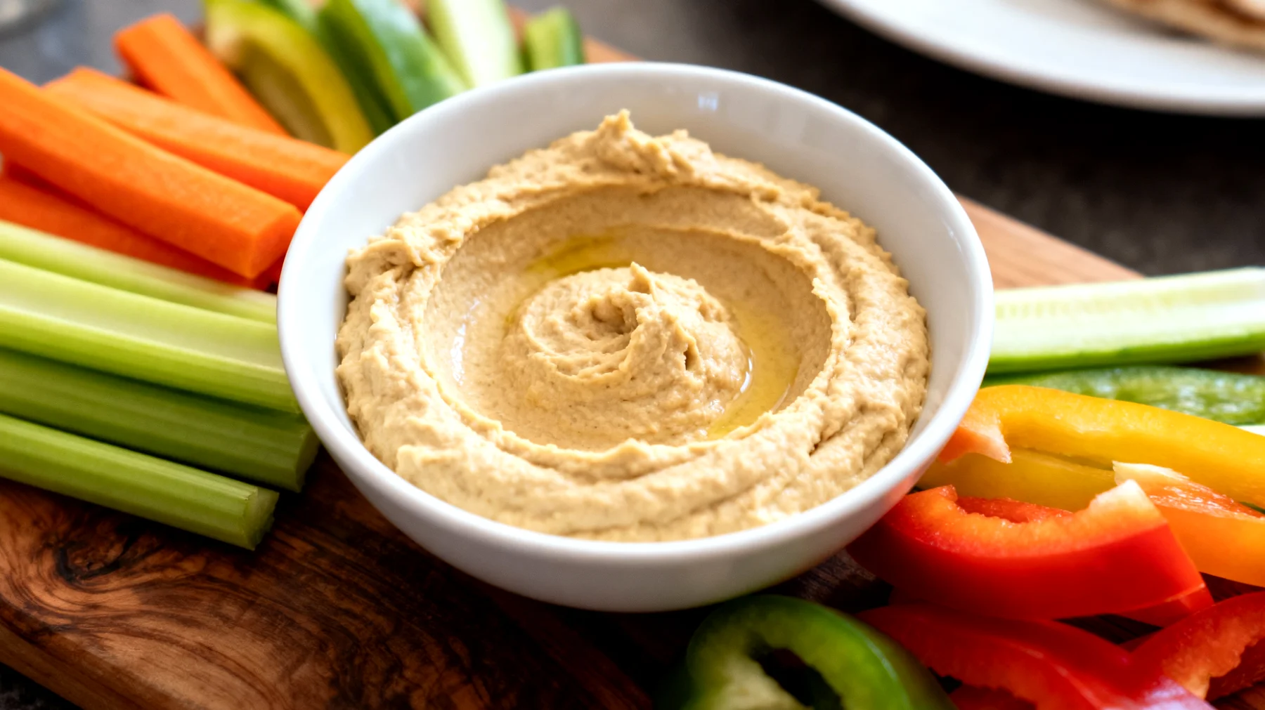 Humus con bastoncini di verdure crude (carote, sedano, peperoni)"