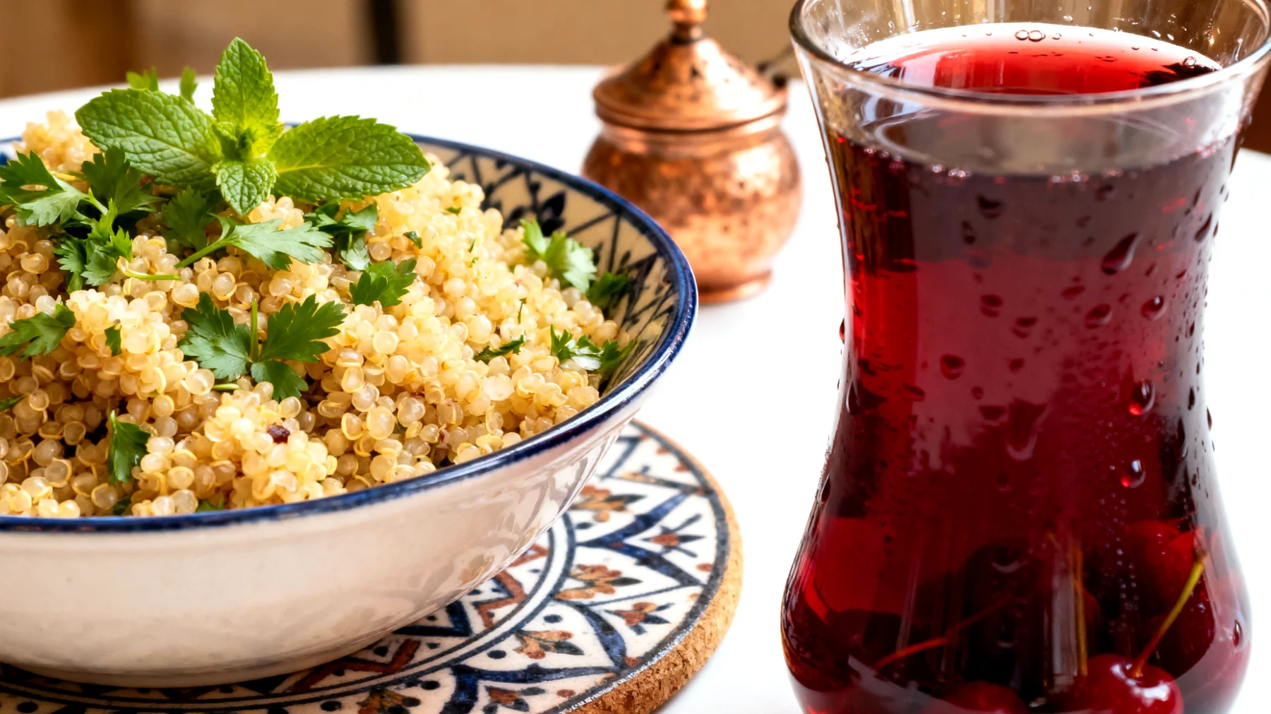 Vişne suyu ve kinoa kombinasyonu (kinoa salatası + tart vişne suyu)"