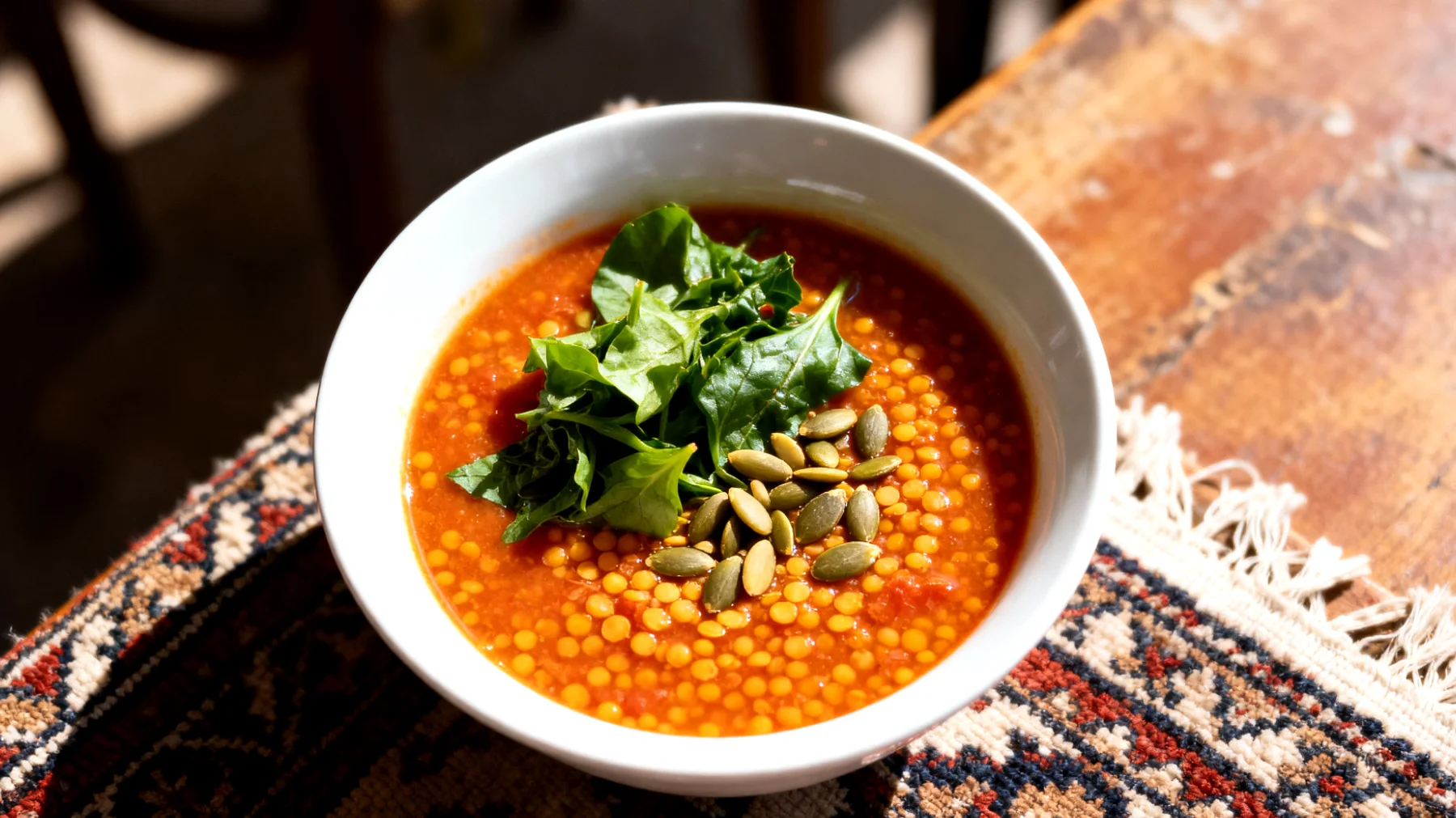 Zuppa di lenticchie rosse con verdure a foglia verde e semi di zucca"